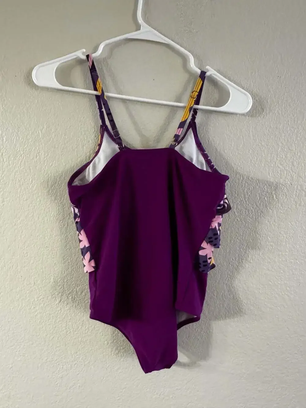 Girls Purple Tropical Ruffle One-Piece Swimsuit Size 7
